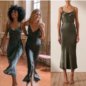 NWT - SHONA JOY - LA LUNE BIAS COWL MIDI DRESS - OLIVE - US 8